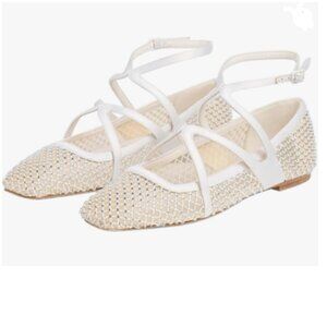 FSJ White Mesh Sparkly Rhinestones Embellished Square Toe Strap Ballet Flats